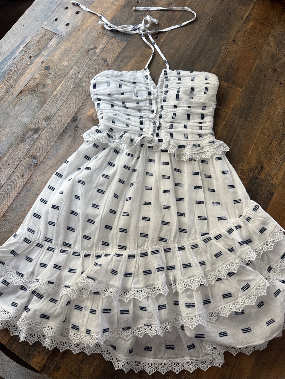 Aqua White and Navy Ruffled Halter Mini Dress